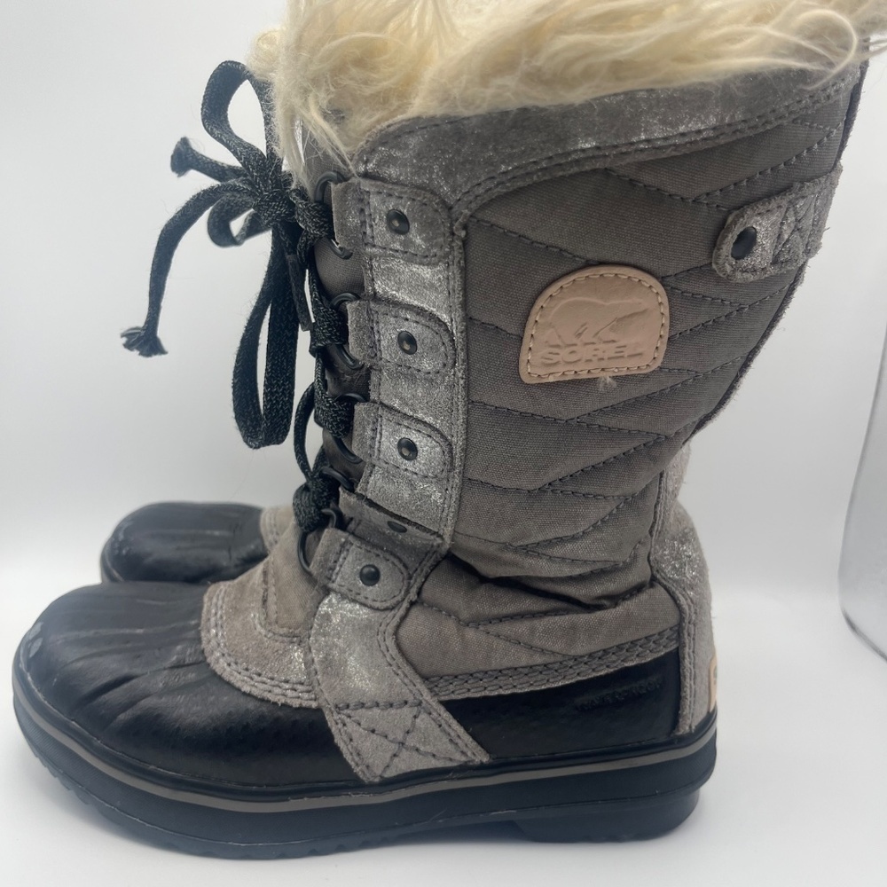 SOREL Tofino Il  Girls  Silver Gray Black Winter Snow Boot  Fur  Lace Up  Size 1 - Picture 5 of 8
